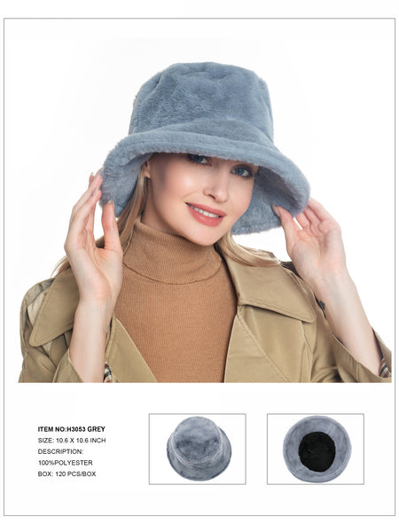 Solid Color Faux Fur Bucket Hat-Grey