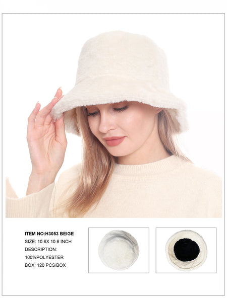 Solid Color Faux Fur Bucket Hat-Beige