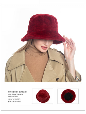Solid Color Faux Fur Bucket Hat-Burgundy