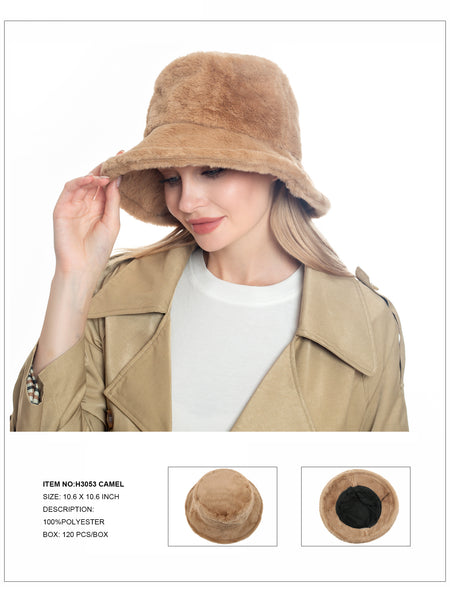 Solid Color Faux Fur Bucket Hat-Camel