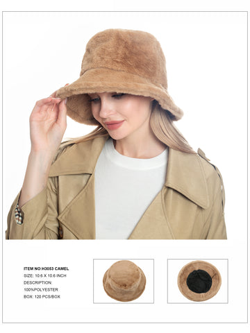 Solid Color Faux Fur Bucket Hat-Camel