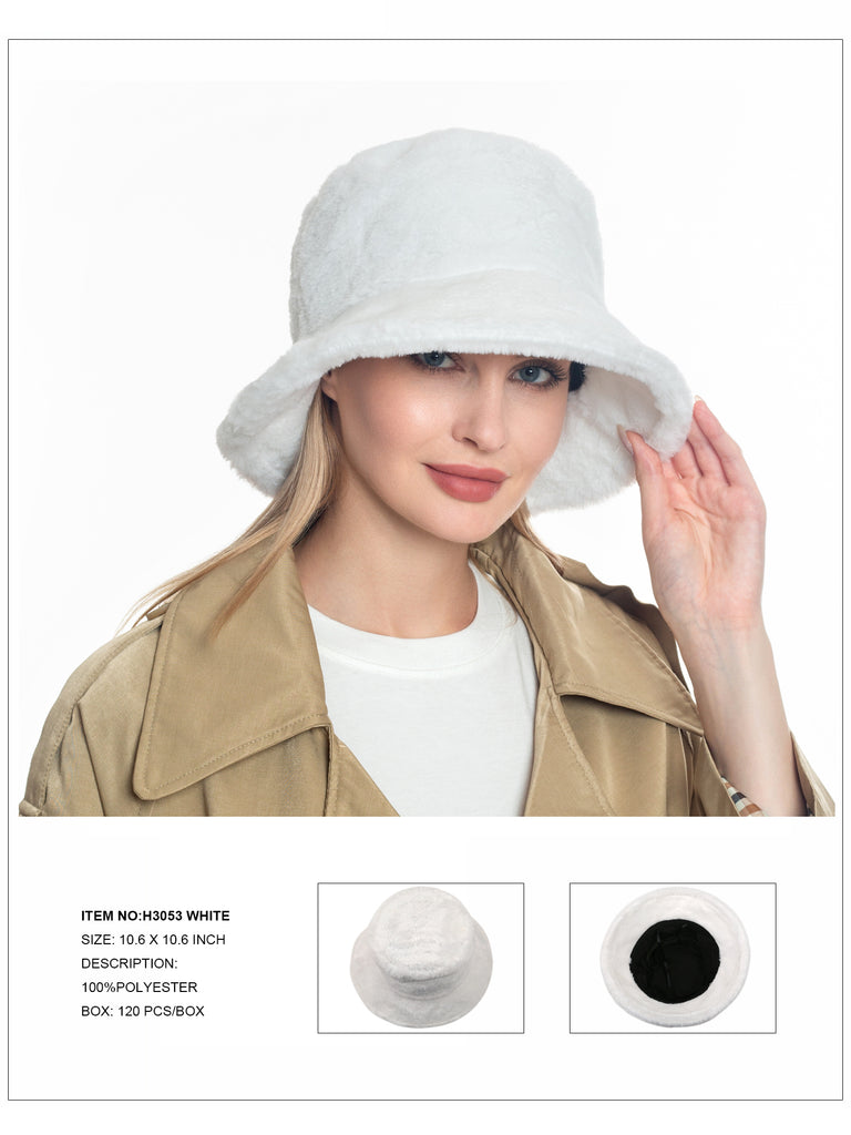 Solid Color Faux Fur Bucket Hat-White