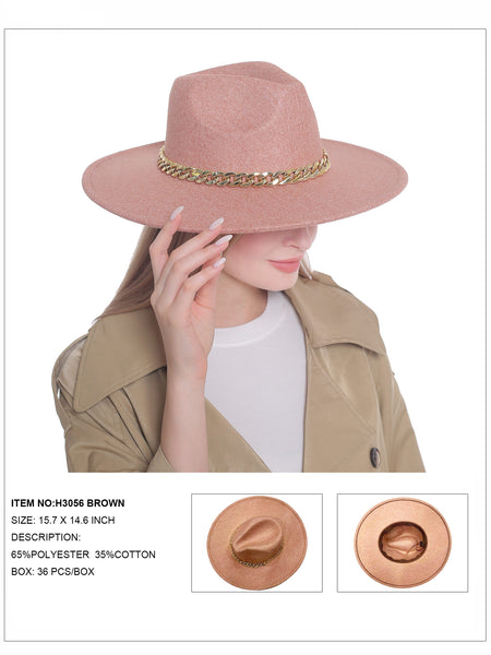 Solid Fedora Hat with Chain Trim-Brown