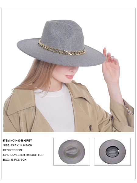 Solid Fedora Hat with Chain Trim-Grey
