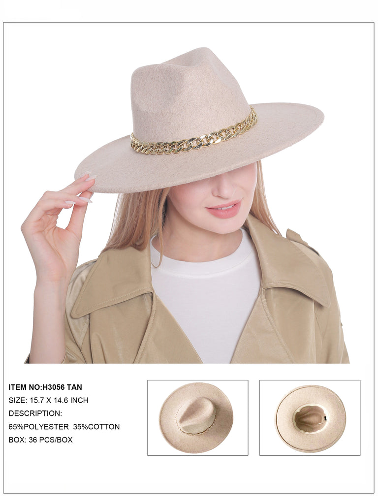 Solid Fedora Hat with Chain Trim-Tan