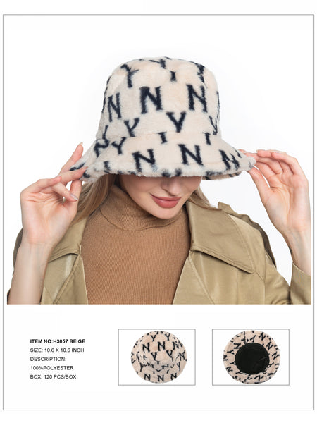 NY print Faux Bucket Hat-Beige