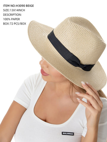Panama Hat with Black Ribbon-Beige