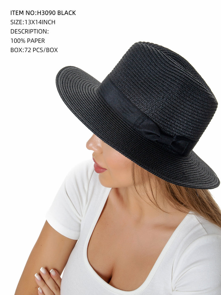 Panama Hat with Black Ribbon-Black