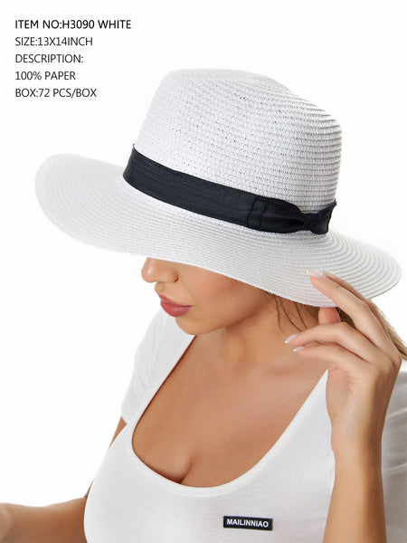 Panama Hat with Black Ribbon-White