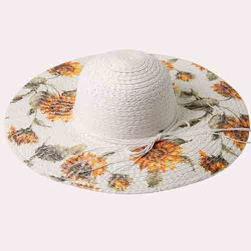 Sun flower Printed Straw Hat-White