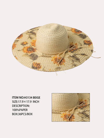 Sun flower Printed Straw Hat-Beige
