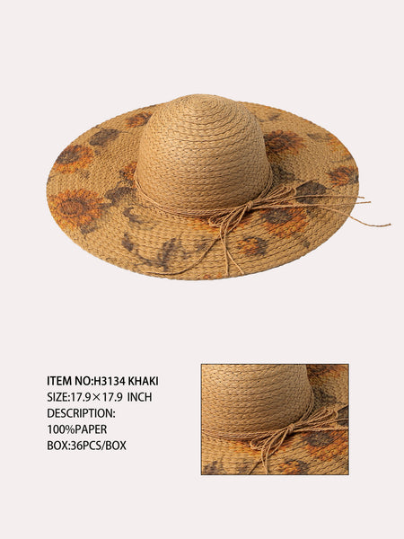 Sun flower Printed Straw Hat-Khaki