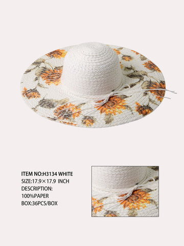 Sun flower Printed Straw Hat-White