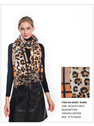 Leopard & Plaid Print Fringe Trim Scarf-Khaki
