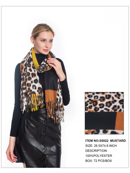 Leopard & Plaid Print Fringe Trim Scarf-Mustard